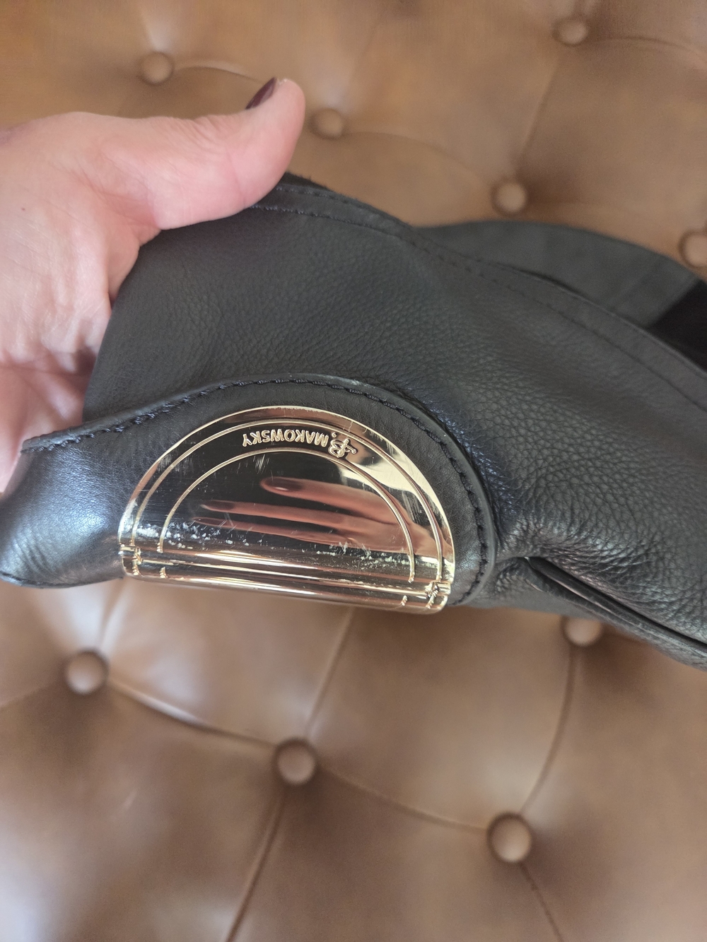 b. makowsky Black Suede & Leather Shoulder Bag with Gold Accents - Picture 11 of 14